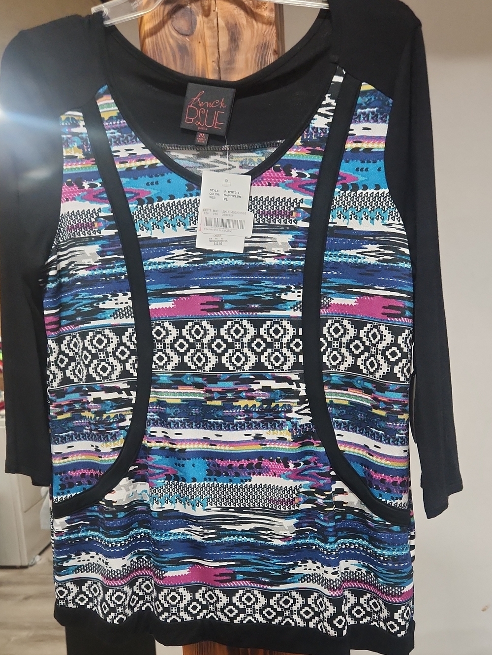 French Blue Black Multi-Color Printed Scoop Neck Tunic